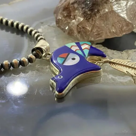 Native American Sterling Multistone Zuni Inlay Fetish Bear w/Feather Pendant - Picture 3 of 10